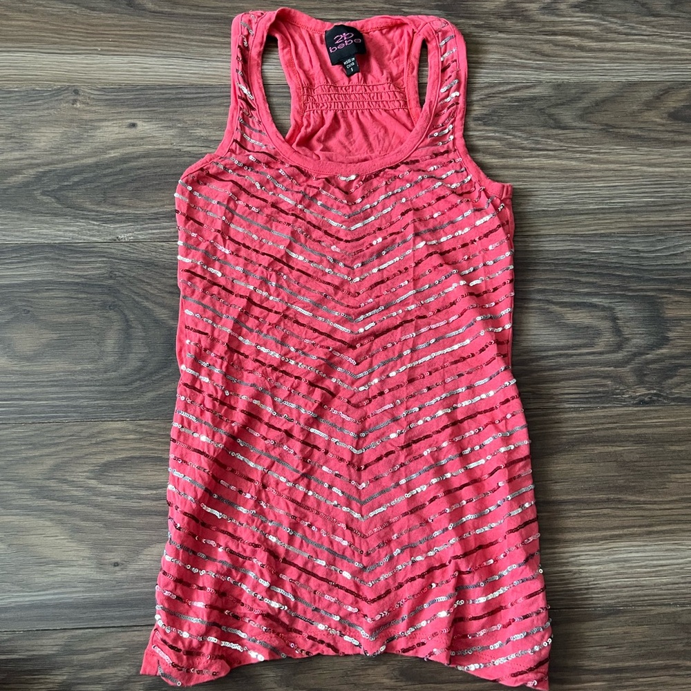 Bebe Pink and Silver Striped Tank Top